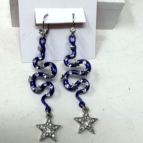 Betsey Johnson Cobalt Blue Rhinestone Shake & Star Earrings Leaver backs Silver - Picture 2 of 9